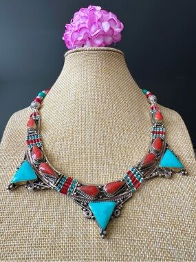 Vintage,Handcrafted Pyramid Design Necklace Inlay Stones Set In Silver 18in,120g